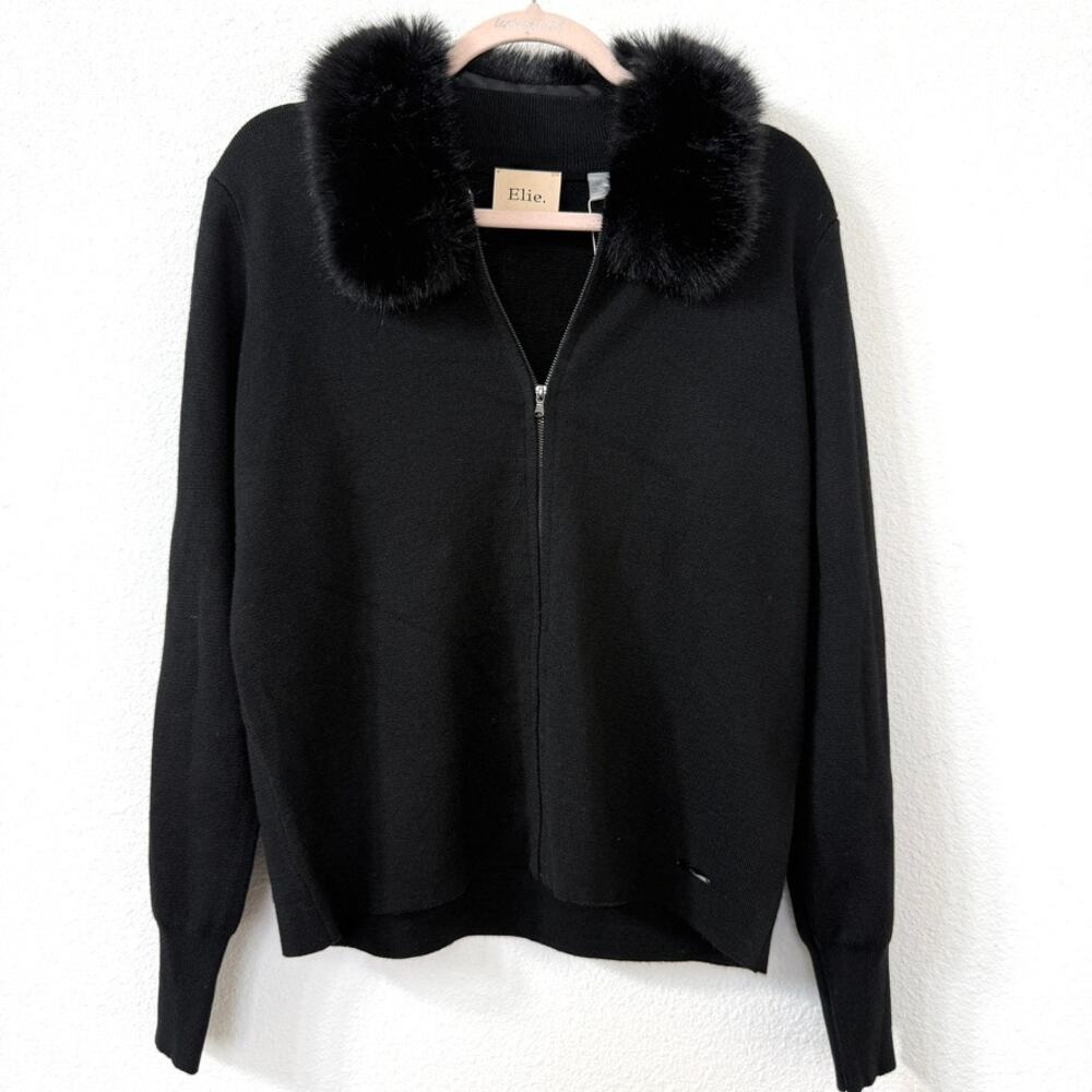 ELIE TAHARI Faux Fur‎ Collar Zip Sweater Black Wool Blend NWT Elie Size S